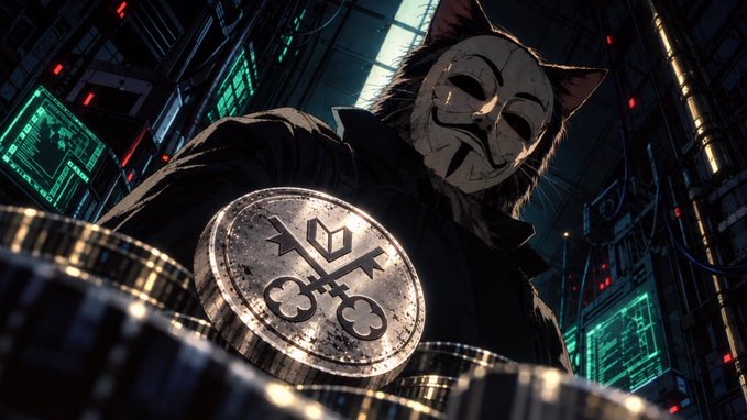 A stylized digital illustration featuring a figure wearing a Guy Fawkes mask and cat ears, surrounded by stacks of coins bearing a rocket-and-key crypto symbol in a cyberpunk setting.