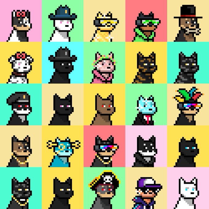 A 5x5 grid displays 25 pixel art "Doginal Dog" characters, each a uniquely designed dog with various accessories like hats, glasses, bandanas, and jewelry, set against colorful pastel backgrounds. The image relates to the post by showcasing the diverse collection of collectible Doginal Dogs, inviting the audience to identify and tag their favorite member from the lineup.