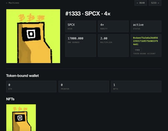 A screenshot from btcmachine.website displaying Machine #1333, a 4x rarity SPCX desk with "active" status, 17,000,000 ink burned, a 2.00 multiplier, and 1 NFT in its token-bound wallet (address 0xdae...46c1), featuring a pixelated yellow arcade cabinet artwork—matching the tweet about sending an old RHMachine to a new airdropped Machine.