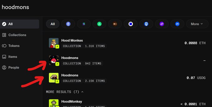 An OpenSea marketplace screenshot showing search results for 'hoodmons' with red arrows pointing to two Hoodmons NFT collections.