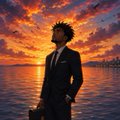 The image depicts a man dressed formally, possibly wearing a suit with a tie, standing at the edge of water near the horizon during an orange-colored sunset. The sunset's vibrant colors create a beautiful backdrop for the scene. There are no discernible texts or actions taking place in the image. However, there is some text that appears to be related to a social media post about Memecoin trading and newer forms of digital currencies such as memecoin trading systems like @Orynth, which has been mentioned by the man wearing the suit.