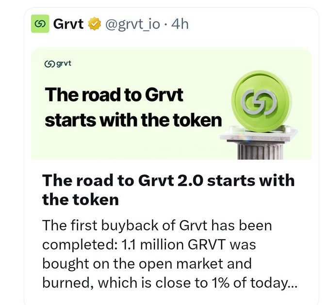 A Grvt social media post reads “The road to Grvt starts with the token” and “The road to Grvt 2.0 starts with the token,” mentioning that “1.1 million GRVT was bought on the open market and burned.”