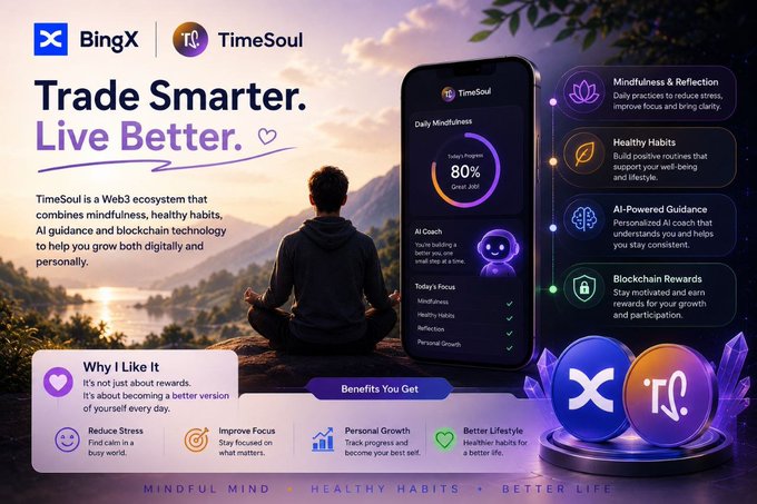 The image features an advertisement for a mindfulness app called @timesoulcom. The poster includes a man sitting cross-legged with his eyes closed, surrounded by mountains and trees, suggesting that the app promotes relaxation and mental well-being. The text on the poster highlights the app's focus on mindfulness and well-being rather than traditional trading or financial incentives.