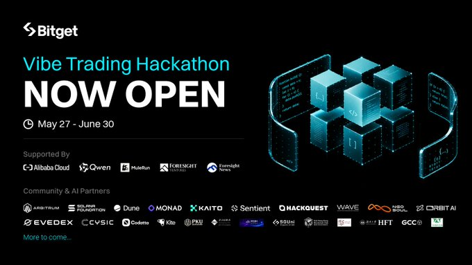 The image features a poster for an AI trading hackathon, with a focus on the word "AI" multiple times throughout the poster. The poster also includes text about the event taking place at Bitget.ai, which suggests that this event is related to artificial intelligence and machine learning in the context of trading.