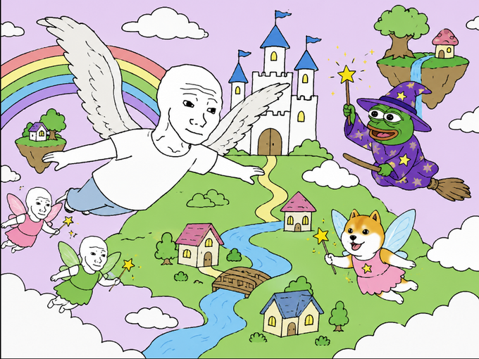 A colorful surreal illustration features winged figures with photographic human faces, a castle on a hill, rainbow, floating islands, and a winged Shiba Inu dog dressed as a fairy.