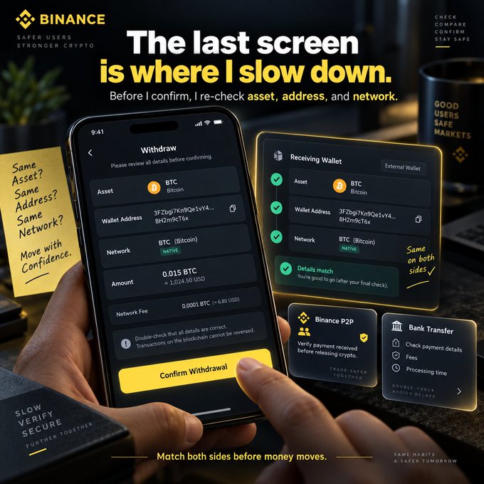 A Binance withdrawal confirmation screen displays a 0.015 BTC transfer (~$1,024.58) to address "3F7bq7Kn9Qe1v4...BH2m9cY6x" via the BTC (Bitcoin) network, with a 0.0001 BTC fee, alongside a matching "Receiving Wallet" panel verifying identical asset, address, and network details. The image reinforces the caption's message about slowing down at the final confirmation stage, emphasizing Binance's "Safer Users, Stronger Crypto" slogan and the reminder to "Double-check that all details are correct. Transactions on the blockchain cannot be reversed" before tapping "Confirm Withdrawal."