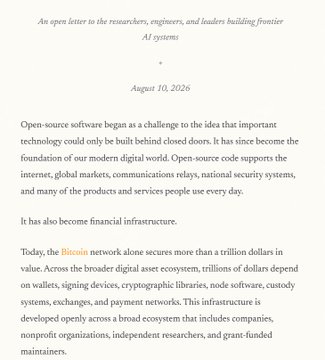 An open letter dated August 10, 2026 to researchers, engineers, and leaders building frontier AI systems, discussing Bitcoin network infrastructure and open-source software's role as financial infrastructure.