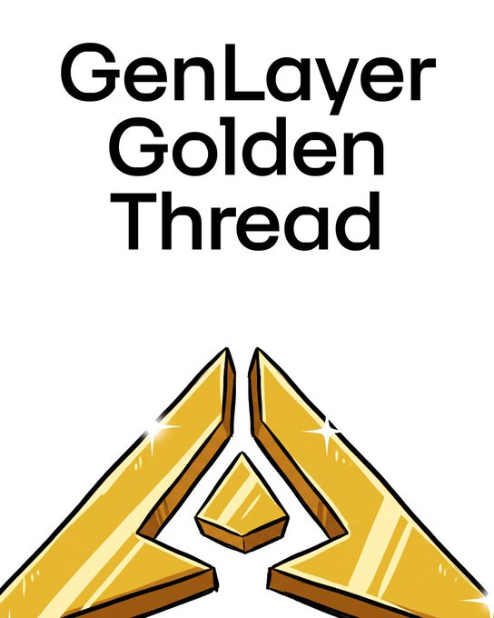 A logo design featuring the text "GenLayer Golden Thread" in bold black letters above a stylized golden "A" symbol resembling a triangular emblem.