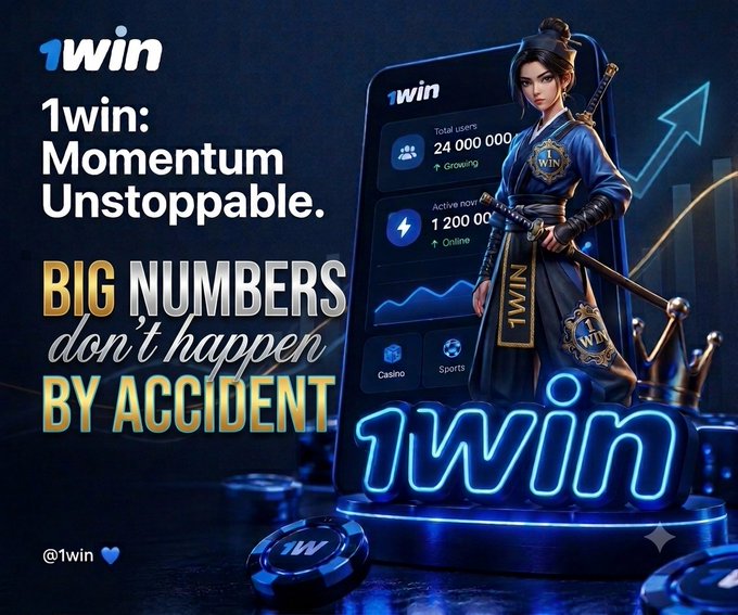 The image is a promotional graphic for 1win featuring a samurai-like character standing beside a smartphone displaying platform stats (24,000,000 users and 1,200,000 active players), with bold text reading "1win: Momentum Unstoppable" and "BIG NUMBERS don't happen BY ACCIDENT," visually reinforcing the post's message about 1win's real, verifiable growth and expanding presence in the iGaming market.