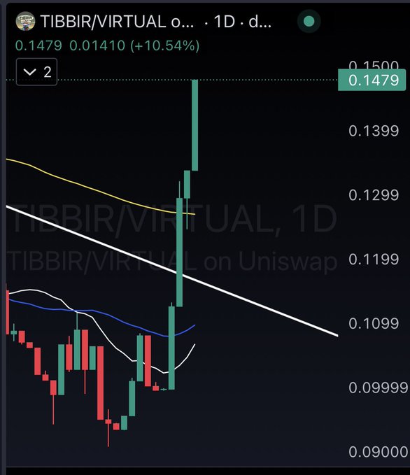 A 1-day candlestick chart of $TIBBIR showing a strong bullish reversal, with price surging to close at 0.1470 (+10.38%), breaking above the descending trendline and moving averages — visually supporting the post's claim that "the bottom is in."