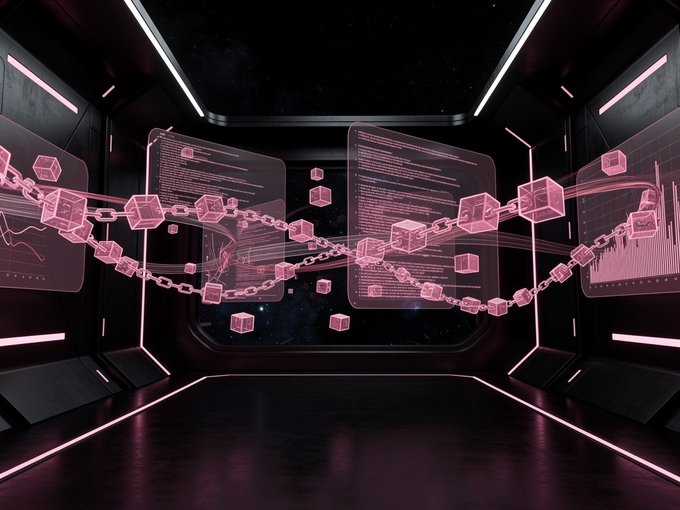 A futuristic sci-fi corridor scene with pink holographic blockchain data visualizations, floating 3D cubes connected by chains, and code on transparent panels set against a starry space backdrop.