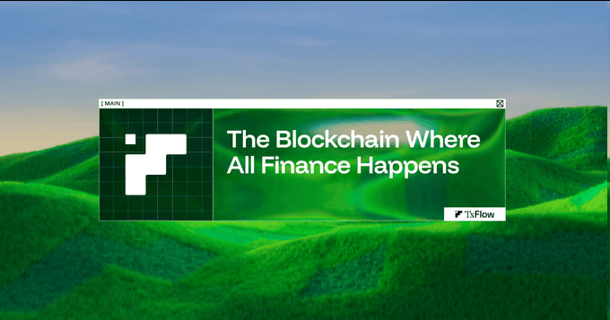 A promotional graphic featuring a green wavy landscape with a dark green overlay that reads 'MAIN', 'The Blockchain Where All Finance Happens', and displays the 'Flow' logo.