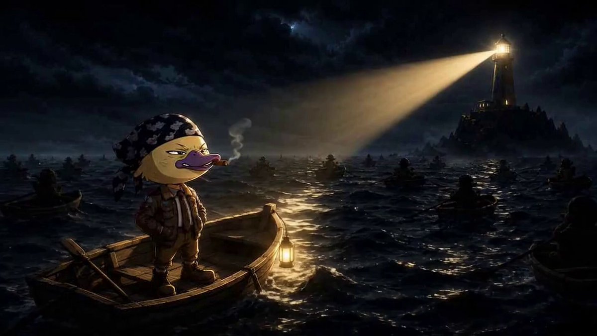 The image portrays an island with people sailing on wooden boats under a dark sky, possibly at night time. There is one main character wearing goggles and holding a lantern, who appears to be standing or sitting on the boat. The scene also includes several small boats scattered around in various locations, some closer to the island while others are further away.