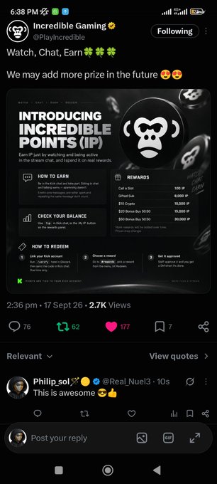 A Twitter post from Incredible Gaming (@PlayIncredible) introduces 'Incredible Points (IP)' for watching and chatting in their stream chat.