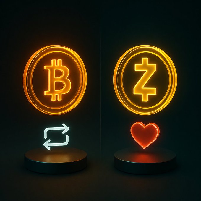 Two glowing neon cryptocurrency logos sit on black pedestals: a Bitcoin (₿) symbol paired with a swap/exchange arrows icon on the left, and a Zcash (Ⓩ) symbol paired with a red heart on the right.