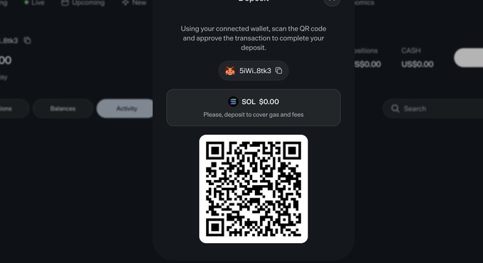 A mobile wallet app screen displays a deposit prompt for "SOL $0.00" with a QR code for the Solana address "5IWi...BtK3".