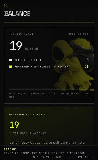 A dark-themed digital dashboard interface titled "01 BALANCE" displaying tipping statistics, including a "TIPPING POWER" of 19 MOTION and a graphic of green liquid pouring from a money bag.