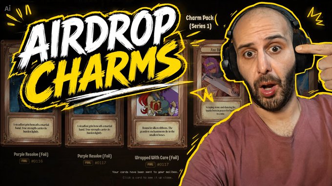 A YouTube thumbnail titled 'AIRDROP CHARMS' features a surprised man in headphones alongside three Magic: The Gathering cards labeled 'Purple Resolve (Foil)' and 'Wrapped With Care (Foil)'.
