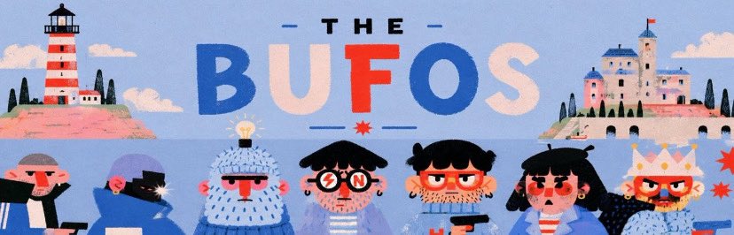 Illustration featuring cartoon characters with the bold title 'THE BUFOS' alongside a lighthouse and castle.