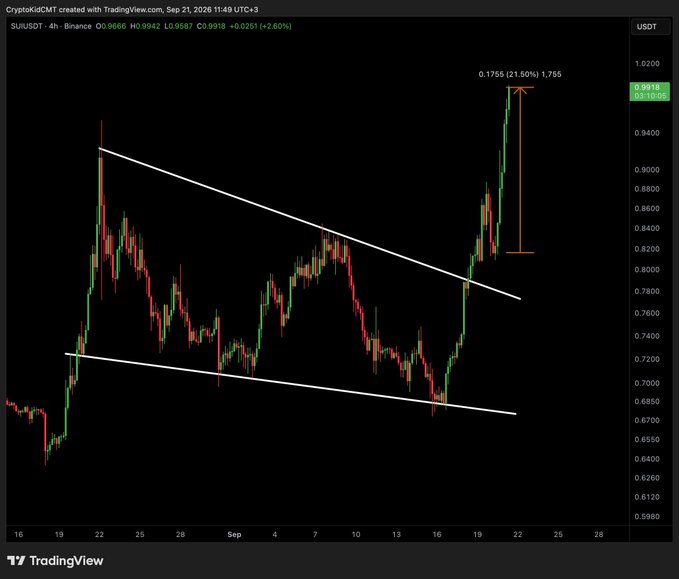 A TradingView chart of $SUI/USDT on Binance shows the price breaking out of a descending channel pattern, rallying sharply with a 21.50% gain to 0.9918 USDT (highlighted with a +0.1750 (21.50%) green annotation), supporting the post's bullish "rocketing to the moon" sentiment.