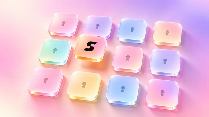 A 3D illustration of colorful, translucent lock-shaped keycaps with one yellow keycap marked with an 'S' in the center, set against a pink gradient background.