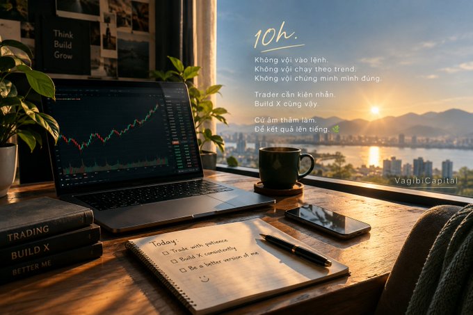A motivational workspace scene with a laptop showing trading charts at sunrise, books labeled 'TRADING', 'BUILD X', and 'BETTER ME', and a notebook with daily tasks. Text reads '10h.', 'Trader cần kiên nhẫn, Build X cứng vậy', and 'VagibiCapital'.
