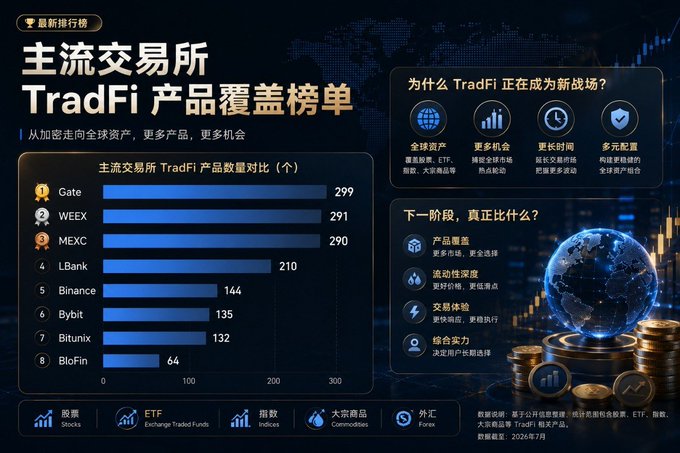 A dark-themed infographic from WEEX titled "主流交易所 TradFi 产品覆盖榜单" (Mainstream Exchanges TradFi Product Coverage Ranking) displays a horizontal bar chart ranking eight exchanges by TradFi product count: Gate (299), WEEX (291), MEXC (290), LBank (210), Binance (144), Bybit (135), Bitunix (132), and BloFin (64), alongside side panels highlighting why TradFi is becoming a new battleground (global assets, more opportunities, longer trading hours, more configurations) and next-stage differentiators (product coverage, liquidity depth, trading experience, user acquisition power). The chart visually reinforces the post's claim that the TradFi product race is intensifying rapidly, with WEEX unexpectedly securing a near-top position ahead of major competitors like MEXC and Binance.