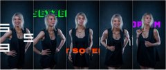 A strip of film negatives or contact sheet showing a blonde woman in various poses with some pink and white text overlays.