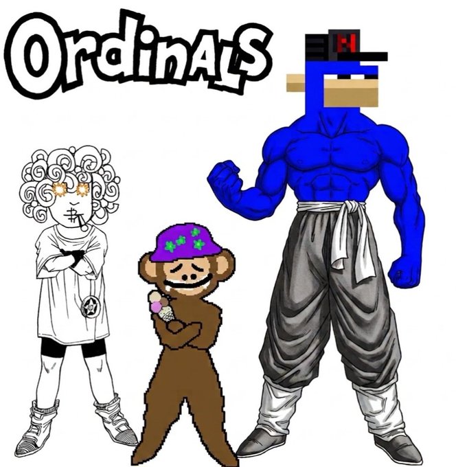 Illustration featuring three characters under graffiti-style text 'OrdinALS', including a curly-haired figure with star eyes, a brown monkey in a purple hat eating ice cream, and a muscular blue figure in a cap and gray pants.