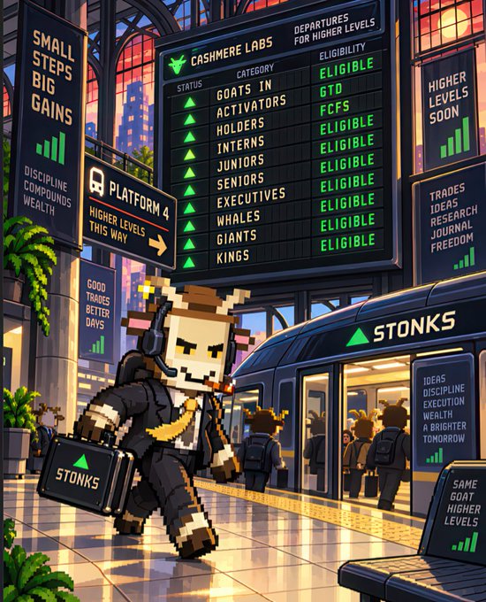 A pixel-art goat wearing a suit and carrying a briefcase labeled "STONKS" rushes through a futuristic train station, where a "CASHMERE LABS DEPARTURES FOR HIGHER LEVELS" board shows goats as "ELIGIBLE GTD" and holders as "ELIGIBLE FCFS," alongside banners reading "SMALL STEPS BIG GAINS" and "DISCIPLINE COMPOUNDS WEALTH." The image visually reflects the post by depicting an activated goat boarding the "STONKS" train to higher levels, symbolizing the announcement that activated goats qualify for guaranteed (GTD) spots while holders get first-come-first-serve (FCFS) access.