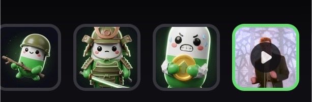 The image displays four mobile app-style icons featuring a cute green bean character in various costumes, including a soldier, samurai, and one holding a gold coin. The post relates to this image by identifying the top two characters as Solana memecoins, with "Cupsey" being the bean mascot and "RICKROLL" likely referencing a Rick Astley-themed token, both promoted as potential "pumpfun gems" for investment.