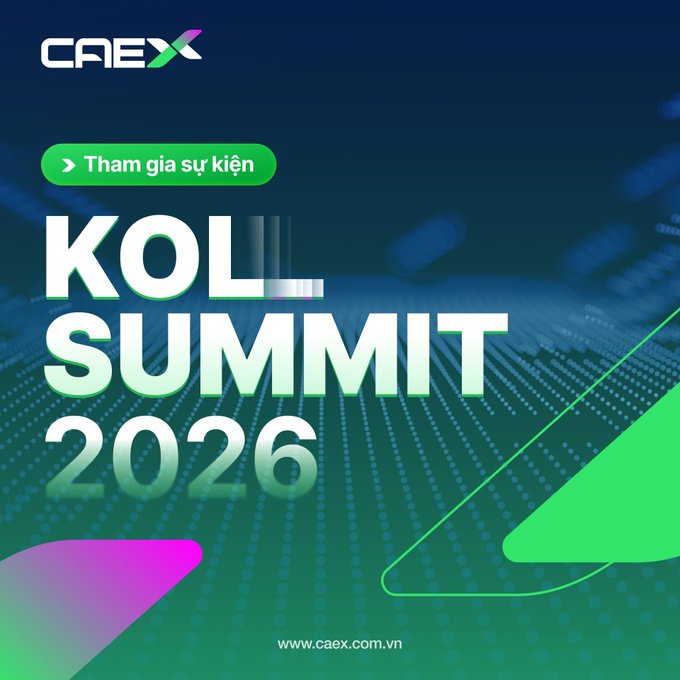 This image advertises the KOL Summit 2026 event, featuring the CAEX logo and the slogan "Tham gia sự kiện" (Join the event). The event aims to build digital trust, as described in the accompanying post, highlighting CAEX's partnership.