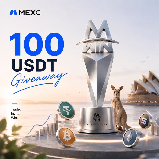 A promotional graphic for MEXC's "100 USDT Giveaway" featuring a silver "Win Champions" trophy, a kangaroo, and various crypto coin symbols (Tether, Bitcoin, Ethereum, Solana) set against a Sydney Opera House backdrop, with the tagline "Trade. Invite. Win." tying into the post's call to join a futures trading team competition.