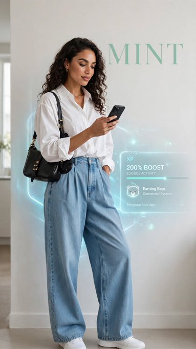 A woman with curly hair wearing a white shirt and baggy jeans looks at her phone, with floating holographic graphics displaying 'MINT', 'XP 200% BOOST', and an 'Earning Bear Connected System' nearby.