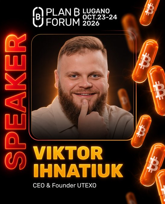 A promotional graphic for the Plan B Forum in Lugano (Oct. 23-24, 2026) announcing speaker Viktor Ihnatiuk, CEO & Founder of UTEXO, featuring his portrait surrounded by glowing 3D Bitcoin coins and vertical red "SPEAKER" text.