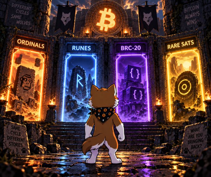A digital fantasy artwork featuring a cartoon dog wearing a bandana standing before four glowing portals labeled 'ORDINALS', 'RUNES', 'BRC-20', and 'RARE SATS', topped by a Bitcoin symbol and banners reading 'BITCOIN ALWAYS WINS'.