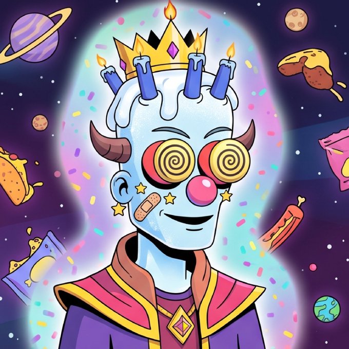 A cartoon illustration of a blue-skinned character with a candle crown, swirl eyes, and a bandage, surrounded by floating food items and planets.