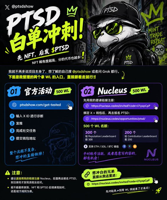 The image is a promotional graphic for a crypto project called "PTSD" featuring a cartoon duck mascot wearing sunglasses and a cap, highlighting two methods to earn 500 WL (whitelist) spots: through official activities at ptsdshow.com/get-tested or via Nucleus platform with referral codes, offering rewards like 300 Reputation Leaderboard and 200 Contribution Leaderboard spots, supporting ETH/SOL/BTC chains. The graphic outlines steps including X ID diagnosis, social media engagement, and task completion, with a note advising users to register on Nucleus first before binding X for the official event, tying into the post's discussion of the project's NFT-first, $PTSD-token-later airdrop structure.