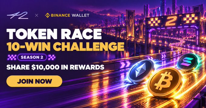 A neon promotional banner for “Token Race 10-Win Challenge — Season 2” from Binance Wallet, featuring crypto coins and a race-track cityscape. It highlights a “$10,000 in rewards” pool and a “JOIN NOW” call to action, matching the post’s 10,000 USDT prize and trading competition.