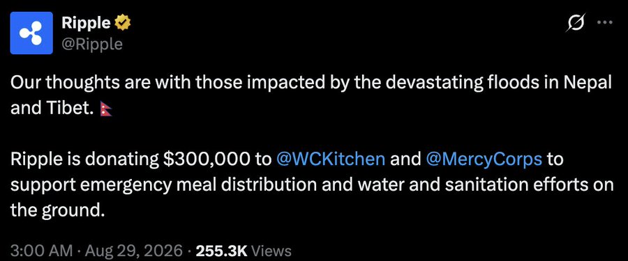 A tweet from Ripple (@Ripple) dated Aug 29, 2026 stating 'Our thoughts are with those impacted by the devastating floods in Nepal and Tibet' and announcing a $300,000 donation to @WCKitchen and @MercyCorps.