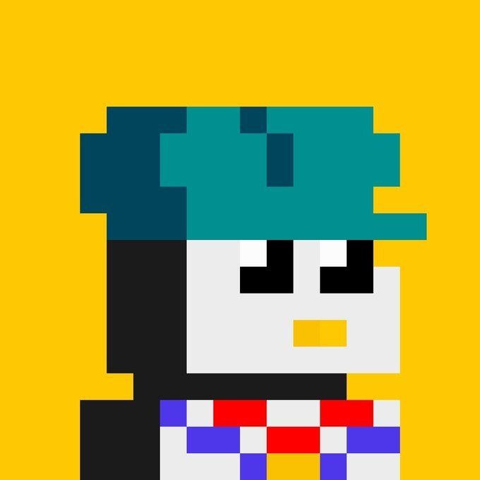 A pixel art illustration of a character with teal and dark blue hair, pale skin, and a red and blue checkered shirt against a yellow background.