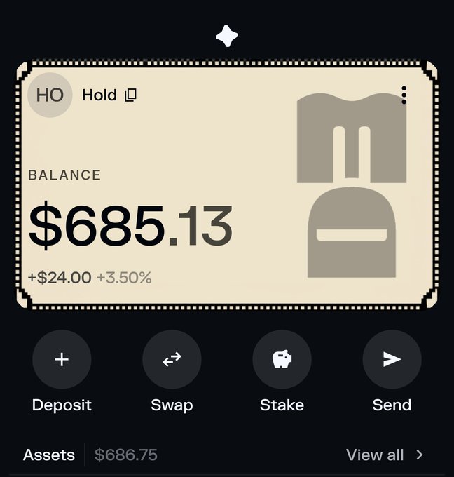 A Solflare wallet interface displays an "HO Hold" balance of $685.13 (+$24.00, +3.50%) with quick-action buttons for Deposit, Swap, Stake, and Send, showcasing a stylized Monke-themed background graphic on the asset card. The image relates to the post by featuring the custom Monke background that Solflare users can mint within their wallet.