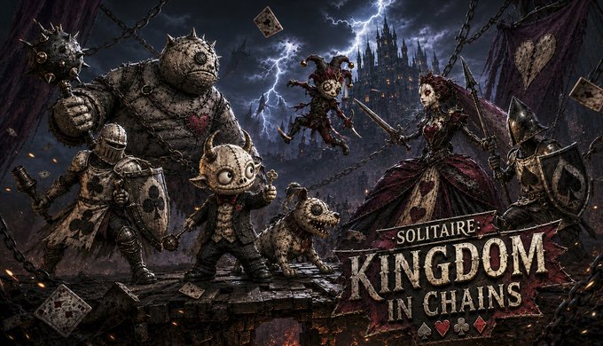 Promotional artwork for the video game 'Solitaire: Kingdom in Chains' featuring stylized dark fantasy characters.