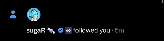 A Twitter/X notification showing that the user "sugaR" with a Super Saiyan Goku profile picture followed them 5 minutes ago.
