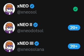 A list of three Twitter/X accounts: xNEO (@xneosol), xNEO II (@xneodotsol), and xNEO III (@xneosolana), each with a cartoon avatar.