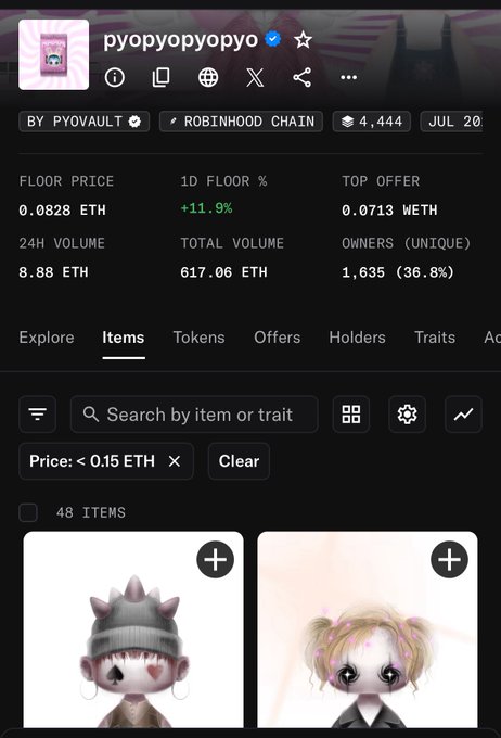 A screenshot of an NFT marketplace listing for the "pyopyopyopyo" collection on Robinhood Chain, showing a floor price of 0.0828 ETH and 48 items priced under 0.15 ETH, which aligns with the post noting only 48 Pyo NFTs remain before reaching the 0.15 ETH threshold.