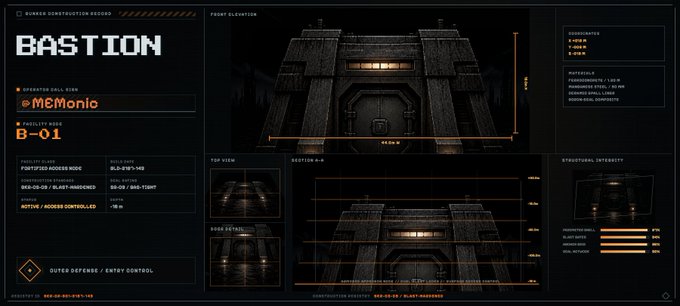 A futuristic, sci-fi technical interface displaying a bunker construction record labeled 'BASTION' by 'MEMONIC' (Facility Size B-01), with front, top, and side views of the structure and structural integrity bars.