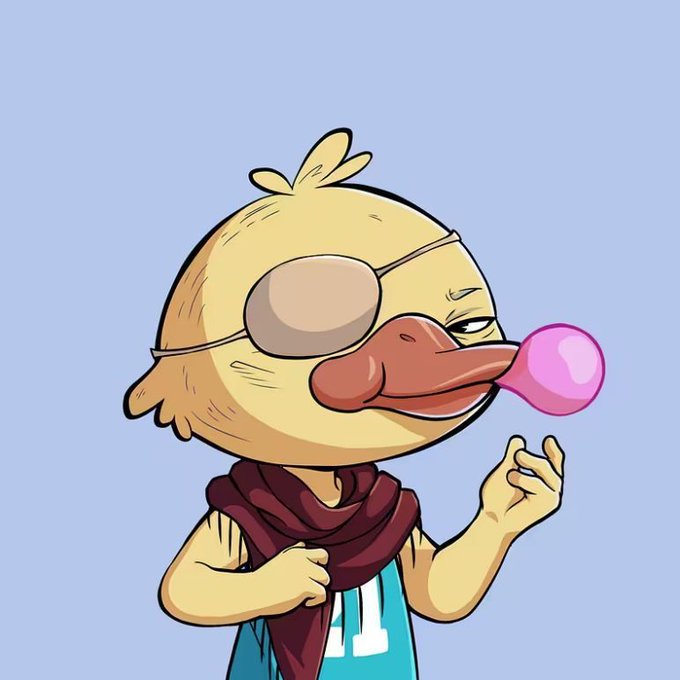 The image features a cartoon duck character wearing a scarf, holding a pink bubble gum bubble, and looking at something off-camera with an expression of confusion or surprise. The caption below the image reads "Me checking my engagement before discovering Wallchain: “Yeah, I’m famous.” Me after seeing my real metrics with Wallchain: “Character development arc begins.” gQuack @wallchain".