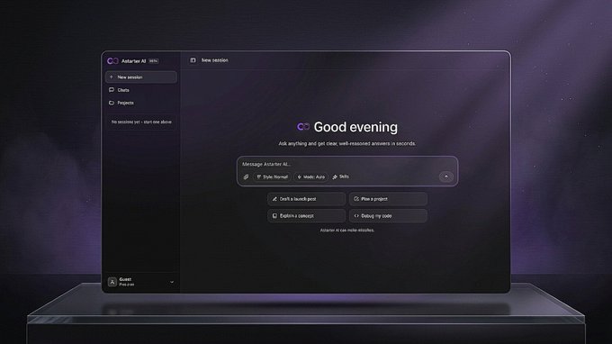A laptop displays the Astarter AI interface with a "Good evening" greeting and a message input field offering modes like "Style: Normal," "Model: Auto," and quick actions including "Draft a launch post," "Plan a project," "Explore a concept," and "Debug my code." The screen shows an empty "New session" sidebar with no history, visually representing the early beta release of this multi-model AI assistant designed for drafting content and other practical tasks.