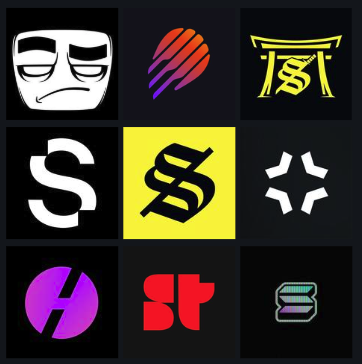 A 3x3 grid displays various colorful logos and stylized lettering, including designs featuring 'S', 'st', and an 'H', set against black backgrounds.